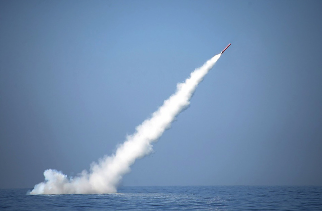 A nuclear-capable cruise missile is launched from a submarine during a test firing at an undisclosed site in Pakistan (AFP-Yonhap)