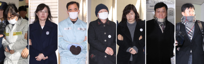 The special probe led by independent counsel Park Young-soo summons key witnesses and suspects to investigate a series of allegations including whether Choi Soon-sil took advantage of a Myanmar Official Development Aid project to reap personal benefits, and her only daughter’s illegal admission to Ewha Womans University among other special favors. From left: Choi Soon-sil, former culture minister Cho Yoon-sun, former deputy culture minister Kim Chong, former dean of Ewha‘s College of Science and Industry Convergence Kim Kyung-sook, professor Lee In-sung, and deputy minister of Trade, Industry & Energy Jeong Man-ki, and Seoul Metropolitan Police Agency lieutenant Baek Seung-seok (Yonhap)