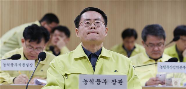 김재수 농림축산식품부 장관이 10일 오전 정부세종청사 농림축산식품부 정부영상회의실에서 AI 및 구제역 일일점검회의를 주재하면서 복잡한 심경의 표정을 짓고 있다.  [연합뉴스]