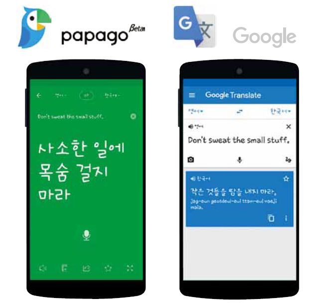 The original English sentence reads: "Don’t sweat the small stuff," an idiom used to tell someone not to worry about things that are not important.  Naver’s Papago (left) gave the correct corresponding translation in Korean -- "Don’t bet your life on trivial things." On the other hand, Google Translate (right) gave a literal translation: "Don’t sweat out small things (in a physical way)."