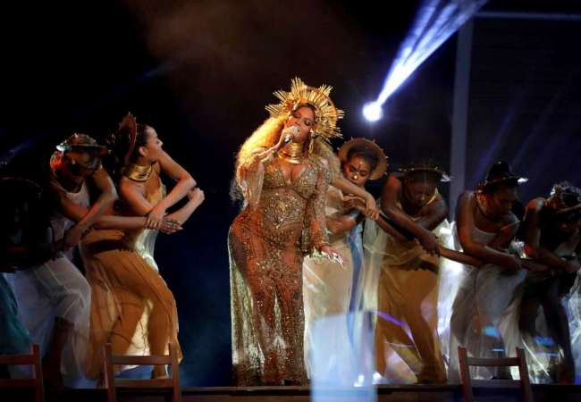 Beyonce performs at the 59th annual Grammy Awards on Sunday, in Los Angeles. (AP-Yonhap)