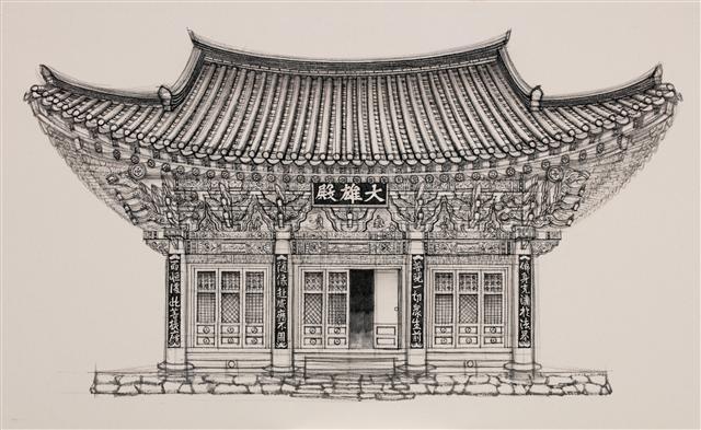 이여운, 장안사 대웅전, 캔버스천에 수묵, 89.4×145.5cm, 2015. [사진제공=유중아트센터]