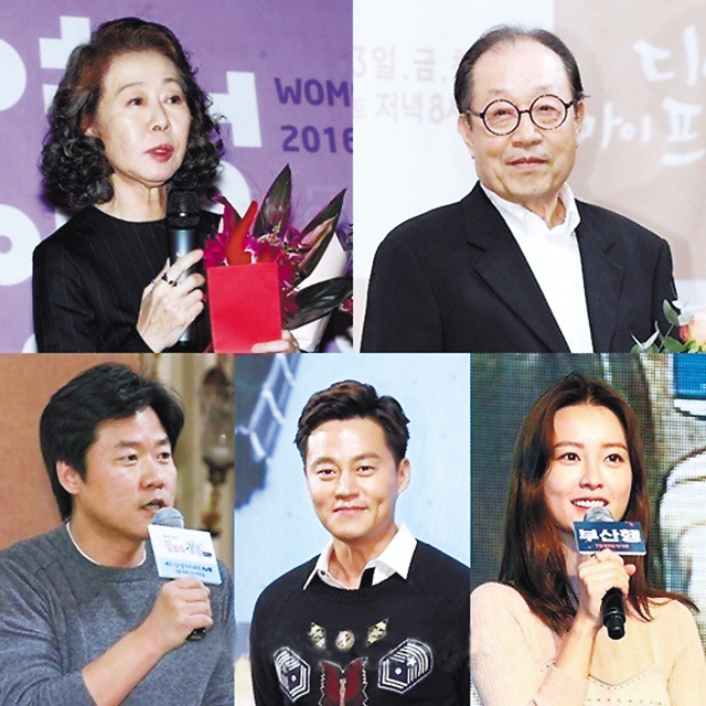 위로부터 윤여정, 신구, 정유미, 이서진, 나영석(시계방향).