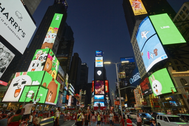 Billboard ads featuring Line Friends characters are displayed at Times Square in New York City (Line Friends)