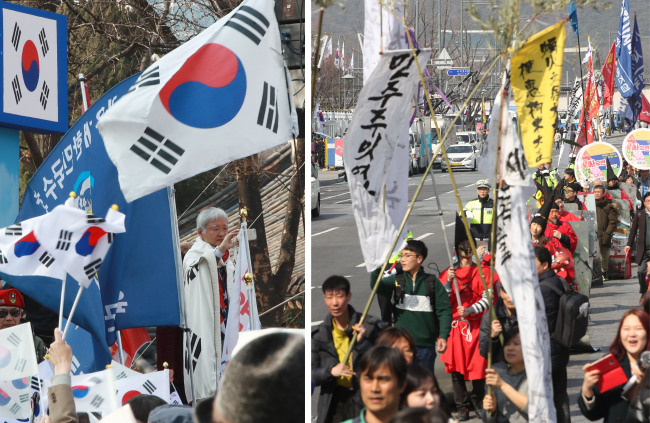 Separate rallies take place in central Seoul on Saturday for and against the impeachment of President Park Geun-hye. (Yonhap)