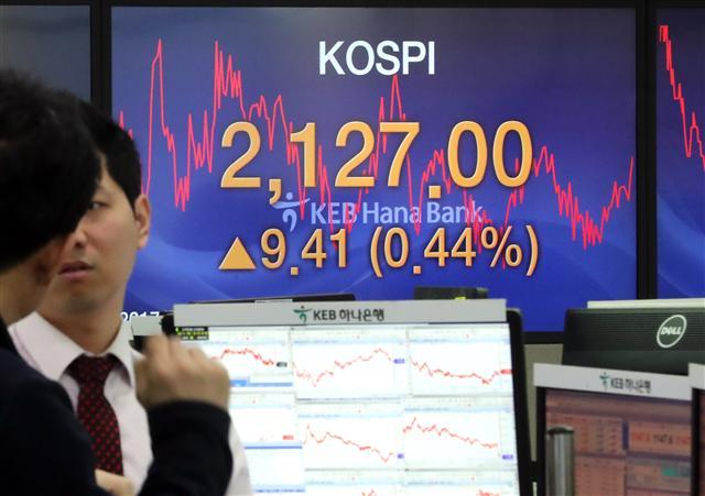 14일 오전 서울 중구 KEB하나은행 본점 딜링룸에서 딜러들이 주가와 환율 추이 등을 살피고 있다. 이날 코스피는 전날보다 9.53포인트(0.45%) 오른 2,127.12로 출발, 장 초반 한때 2,129.42까지 오르며 연중 최고치 기록을 새로 썼다. [연합뉴스]