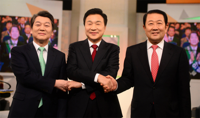 국민의당 대선주자 (왼쪽부터) 안철수 전 대표, 손학규 국민주권개혁회의 의장, 박주선 국회 부의장. [사진제공=연합뉴스]