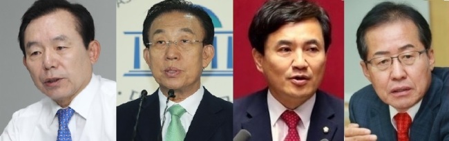 사진 왼쪽부터 이인제 전 새누리당 최고위원, 김관용 경북도지사, 김진태 의원, 홍준표 경남도지사(본경선 기호순)
사진 왼쪽부터 이인제 전 새누리당 최고위원, 김관용 경북도지사, 김진태 의원, 홍준표 경남도지사(본경선 기호순)