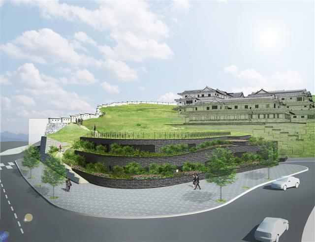 다산성곽길 입구의 현재 모습(사진 위)와 다산성곽길 입구의 향후 조감도.