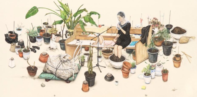 이진주, 얇은 찬양 A Concave Song, 2017, Korean paint on linen, 120x240cm [사진제공=갤러리아라리오서울]