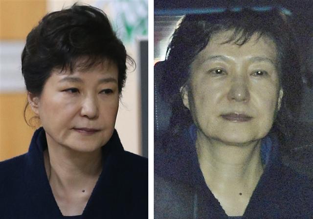 뇌물수수 등 혐의로 구속영장이 발부된 박근혜 전 대통령이 31일 새벽 서울구치소에 수감되기 위해 차를 타고 서울시 서초구 서초동 서울중앙지검을 나서고 있다. 박 전 대통령은 영장실질심사를 받기 위해 들어갈 때 했던 올림머리에 사용했던 핀을 빼서 머리카락이 내려와 있다(오른쪽). 왼쪽은 박 전 대통령이 영장실질심사를 받고 서울중앙지법에서 서울중앙지검으로 이동할 때 모습.  [연합뉴스]