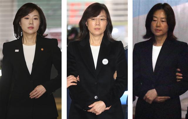평생 ‘꽃길’만 걸었던 실세의 모습은 70여일간의 구속 생활을 거치면서 많이 변했다. 조윤전 전 문화체육관광부 장관은 ‘박근혜의 여자’ ‘박근혜의 신데렐라’라 불리던 실세 중의 실세였다. 하지만 한 순간에 국정농단의 피의자로 추락했다. 특검 출범 초기만하더라도 ‘블랙리스트는 없다’며 당당하던 그의 모습은 더 이상 찾아보기 힘들다. 6일 오전 서울중앙지법에서 열린 첫 공판에 출석한 조 전 장관(오른쪽 끝)은 구속 생활에 잘 적응하지 못한 듯 초췌하다. 왼쪽은 지난 1월 20일 영장실질심사에 출석하는 모습이고, 가운데는 구속 수감된 직후의 모습.  [연합뉴스]