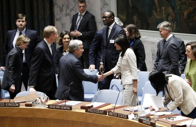 United States' Ambassador to the United Nations Nikki Haley greets United Nations Secretary-General Antonio Guterres in the Security Council chamber at the United Nations Headquarters in New York. (Yonhap)