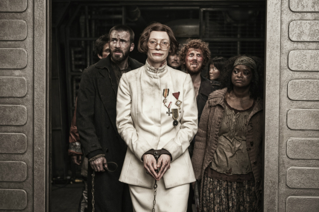 A still of the film “Snowpiercer,” depicting Tilda Swinton (CJ Entertainment)