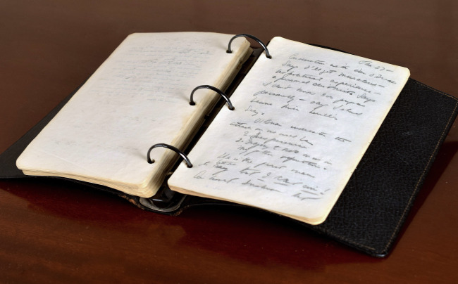 <YONHAP PHOTO-1962> FILE - This undated file photo provided by RR Auction shows a portion of a diary written in 1945 by a young John F. Kennedy during his brief stint as a journalist after World War II. The diary, in which he reflected on Hitler and the weakness of the United Nations, sold for more than $700,000 Wednesday, April 26, 2017, according to the auction house. (Sarina Carlos/RR Auction via AP, File)/2017-04-27 06:10:54/ <저작권자 ⓒ 1980-2017 ㈜연합뉴스. 무단 전재 재배포 금지.>
<YONHAP PHOTO-1962> FILE - This undated file photo provided by RR Auction shows a portion of a diary written in 1945 by a young John F. Kennedy during his brief stint as a journalist after World War II. The diary, in which he reflected on Hitler and the weakness of the United Nations, sold for more than $700,000 Wednesday, April 26, 2017, according to the auction house. (Sarina Carlos/RR Auction via AP, File)/2017-04-27 06:10:54/ <저작권자 ⓒ 1980-2017 ㈜연합뉴스. 무단 전재 재배포 금지.>