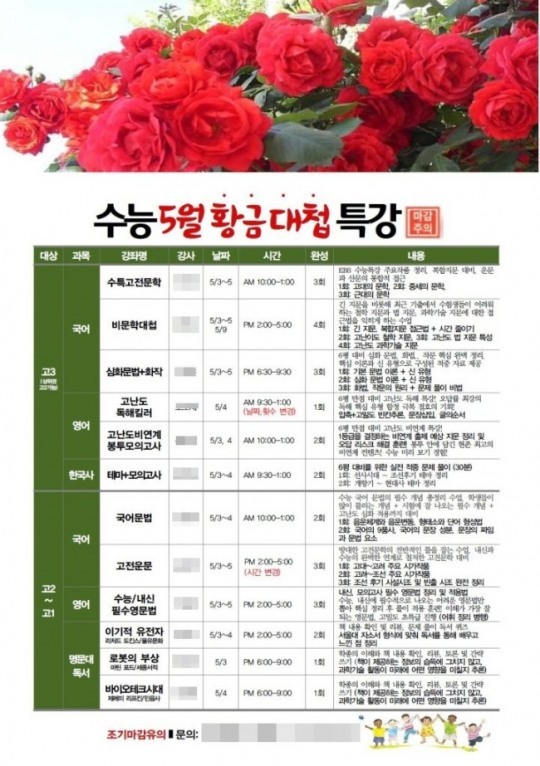 서울 강남구 대치동에 위치한 학원들이 5월초 연휴기간을 맞아 개강한 특강에 대한 온라인 광고. [출처=각사 홈페이지]
서울 강남구 대치동에 위치한 학원들이 5월초 연휴기간을 맞아 개강한 특강에 대한 온라인 광고. [출처=각사 홈페이지]
