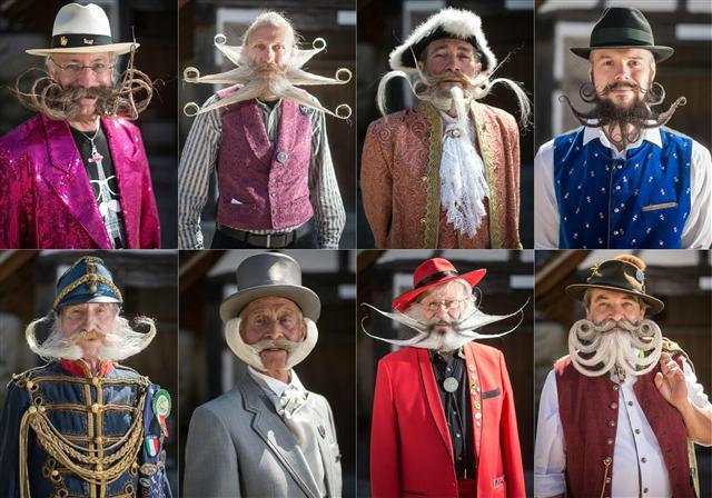 <YONHAP PHOTO-0013> (COMBO) This combination of pictures created on April 30, 2017 competitors posing before a beard and moustache competition at the Ecomusee d'Alsace in Ungersheim on April 30, 2017. / AFP PHOTO / Sebastien Bozon AND SEBASTIEN BOZON/2017-05-01 00:06:54/ <저작권자 ⓒ 1980-2017 ㈜연합뉴스. 무단 전재 재배포 금지.>