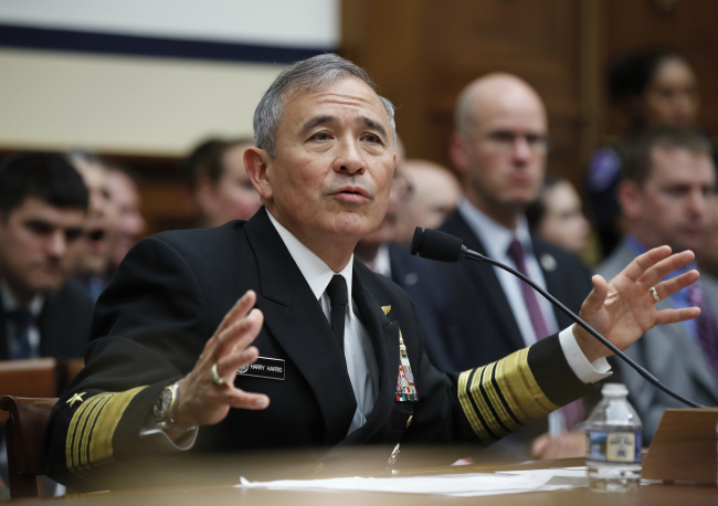 US Pacific Command Commander Adm. Harry Harris Jr. testifies on Capitol in Washington before a House Armed Services Committee hearing on North Korea. (AP-Yonhap)