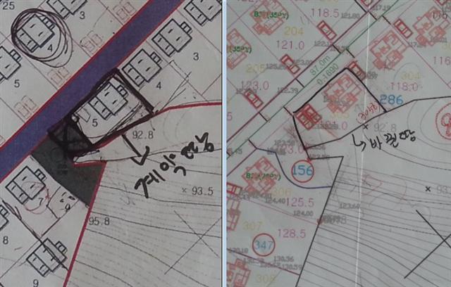 천 씨는 분양 계약 당시 가분할도를 보고 사각형(왼쪽) 모양의 땅을 계약했지만, 현재는 비뚫어진 오각형 모양의 땅(오른쪽)으로 바뀌었다.