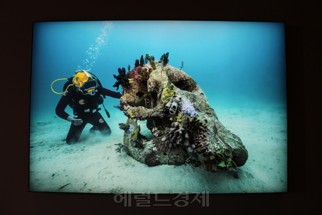 산호가 잔뜩 붙은 이 작품은 바다에서 건져올린 듯 보인다. 건져 올리는 장면을 사진으로 찍기도 했다. 사실은 산호마저도 전부 제작한 것이다. 진짜 산호는 없다. [사진=이한빛 기자/vicky@heraldcorp.com]
