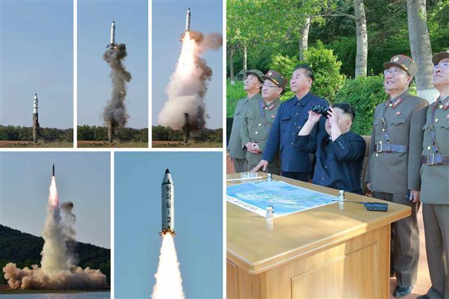 북한 노동신문은 22일 고체연료를 사용하는 지대지 중장거리전략탄도탄 ‘북극성 2형’을 전날 성공적으로 시험 발사했다면서 김정은 북한 노동당 위원장이 부대 실전배치를 승인했다고 보도했다. 사진은 발사후 상공으로 솟구치는 북극성2형의 모습.  [연합뉴스]