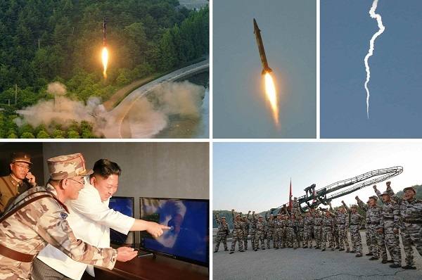 This set of photos, released by North Korea's media on May 30, 2017, show its latest ballistic missile launch and leader Kim Jong-un inspecting the test. (For Use Only in the Republic of Korea. No Redistribution) (Yonhap)