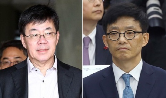 Lee Young-ryeol (left), former chief of the Seoul Central District Prosecutors' Office, and Ahn Tae-geun (right), ex-deputy minister at the Ministry of Justice (Yonhap)
