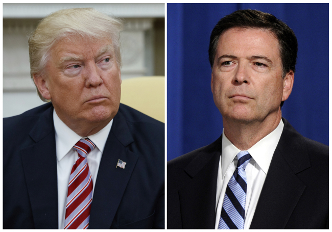 <YONHAP PHOTO-1374> In this combination photo, President Donald Trump, left, appears in the Oval Office of the White House in Washington on May 10, 2017, and FBI Director James Comey appears at a news conference in Washington on June 30, 2014. Comey is making his first public comments since being fired by President Donald Trump and, according to his prepared remarks, will talk about the president's efforts put the investigation behind him. (AP Photo/Evan Vucci, left, and Susan Walsh, File)/2017-06-08 06:09:50/ <저작권자 ⓒ 1980-2017 ㈜연합뉴스. 무단 전재 재배포 금지.>
<YONHAP PHOTO-1374> In this combination photo, President Donald Trump, left, appears in the Oval Office of the White House in Washington on May 10, 2017, and FBI Director James Comey appears at a news conference in Washington on June 30, 2014. Comey is making his first public comments since being fired by President Donald Trump and, according to his prepared remarks, will talk about the president's efforts put the investigation behind him. (AP Photo/Evan Vucci, left, and Susan Walsh, File)/2017-06-08 06:09:50/ <저작권자 ⓒ 1980-2017 ㈜연합뉴스. 무단 전재 재배포 금지.>
