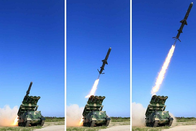 A set of photos carried by North Korea's main newspaper, the Rodong Sinmun, on June 9, 2017, shows the test-firing of a new ground-to-ship cruise missile. (Yonhap)