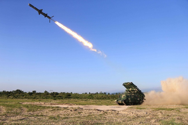 A missile is launched from a North Korean artillery unit. (For Use Only in the Republic of Korea. No Redistribution) (Yonhap)