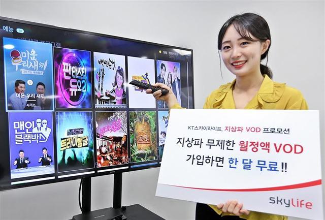 KT스카이라이프는 안드로이드 상품인 ‘skyUHD A+’ 가입자 대상으로 6월12일부터 7월31일까지 지상파 3사 통합 월정액 서비스에 가입하면 30일 동안 무료 시청을 제공하는 프로모션을 진행한다.
지상파 월정액 VOD 서비스는 셋톱박스 리모콘을 통해 간편히 가입할 수 있다. 리모콘 ‘TV홈’ 버튼을 눌러 ‘지상파 무제한 보기’를 선택한 후 ‘지상파 무제한 월정액’ 서비스에 가입하면 된다.
[사진제공=KT스카이라이프]