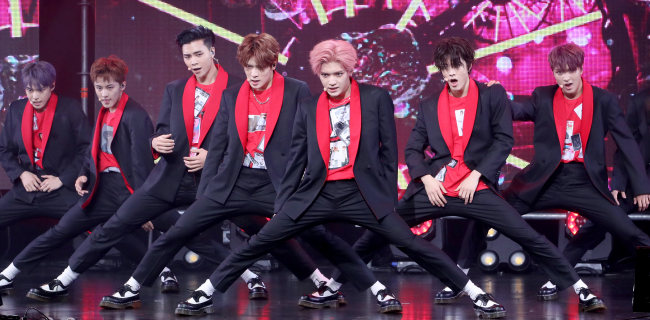 NCT 127 performs at a press showcase for its third EP, “Cherry Bomb,” in Seoul on Wednesday. (Yonhap)
　
　