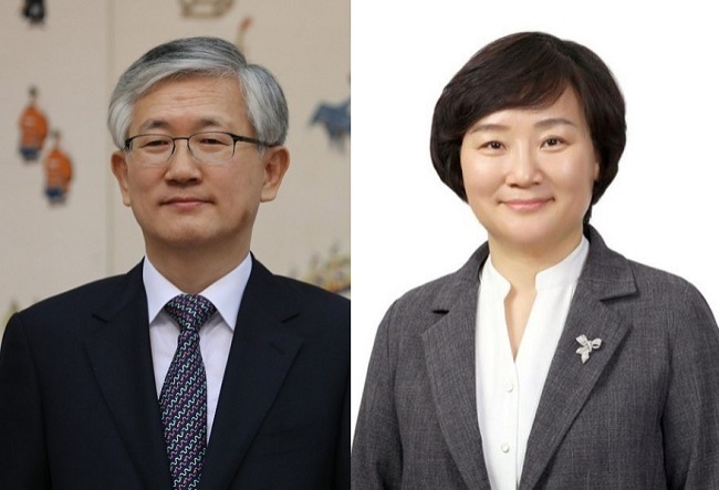 Nam Gwan-pyo (left) and Rep. Mun Mi-ock (Yonhap)