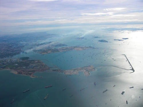 This bird's eye view shows the western sea of Tuas in Singapore. (Photo courtesy of Hyundai E&C) (Yonhap)