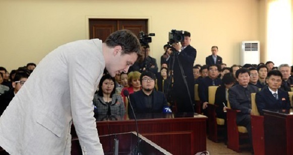 Otto Warmbier is on trial at a court in the North Korean capital of Pyongyang in this photo released by the North's Korean Central News Agency on March 16, 2016. (For Use Only in the Republic of Korea. No Redistribution) (Yonhap)