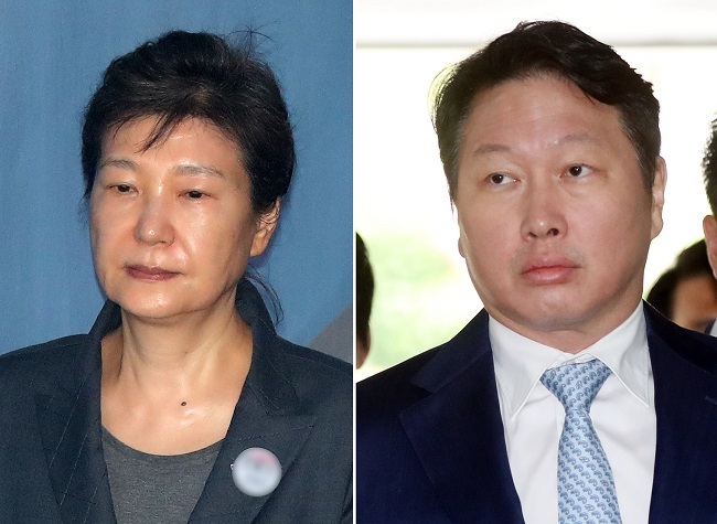 This combined photo shows former President Park Geun-hye (left) and SK chairman Chey Tae-won. (Yonhap)