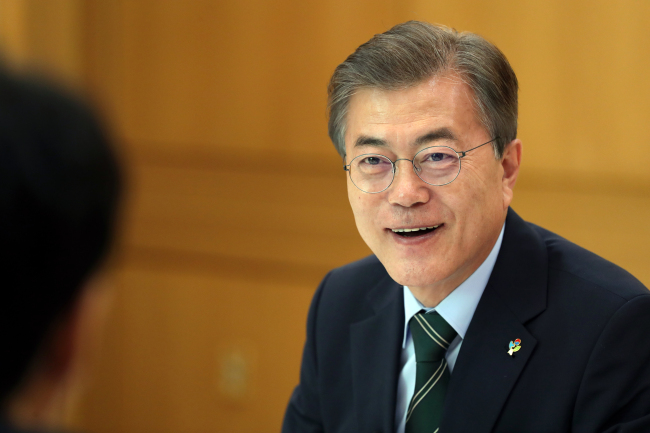 President Moon Jae-in speaks during an interview with Reuters at Cheong Wa Dae on Thursday. (Yonhap)