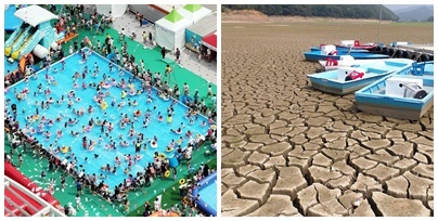 용인시청 무료물놀이장(왼쪽.지난해사진)과 용인 처인구 가뭄현장(오른쪽)
용인시청 무료물놀이장(왼쪽.지난해사진)과 용인 처인구 가뭄현장(오른쪽)
