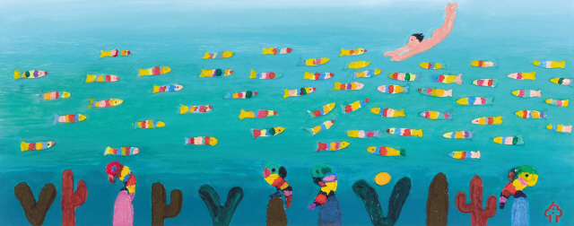 김병종, 카리브, 캔버스에 한지, 먹, 채색, 40×100cm, 2008