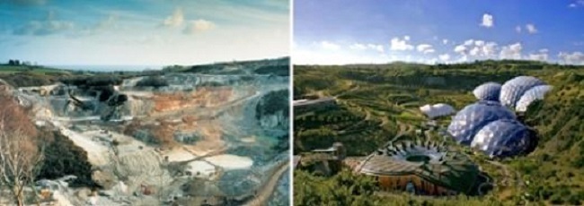This photo, provided by the Korea National Arboretum, shows a dead pit (L) in the British town of St Austell that has been turned into the world's biggest botanical garden, the Eden Project (R). (Yonhap)