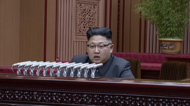 This image captured from North Korea's official Korea Central Television shows leader Kim Jong-un speaking at an award ceremony on July 13 for officials involved in the country's test of an intercontinental ballistic missile on July 4. (Yonhap)