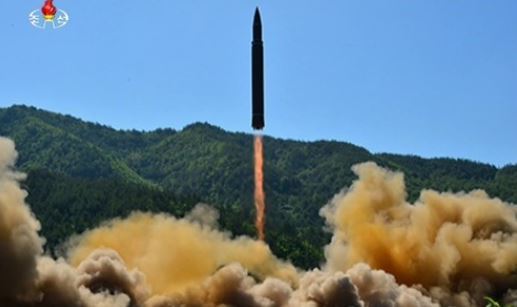 This photo taken from (North) Korean Central Television on July 4, 2017, shows the Hwasong-14 intercontinental ballistic missile blasting off from an undisclosed site. (For Use Only in the Republic of Korea. No Redistribution) (Yonhap)