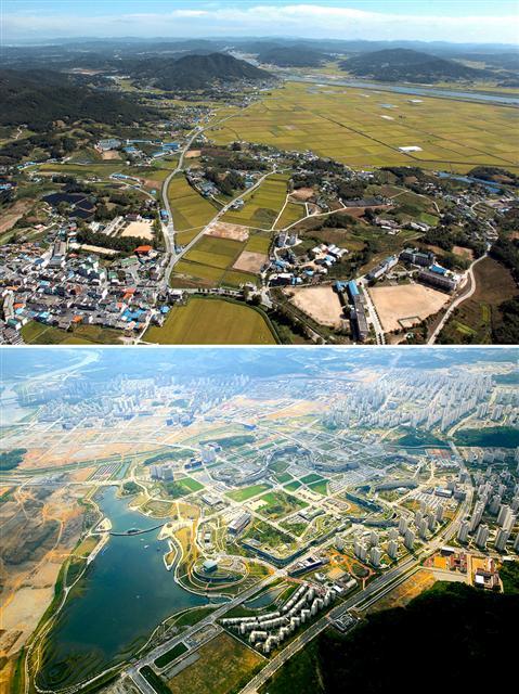 2012년 출범 당시 10만명 수준이었던 세종시는 현재 26만6000여 명의 도시로 성장했다. 6월 현재 9만7000가구가 공급됐고, 5만5000가구가 준공됐다. 사진은 2006년(위)과 2017년(아래) 행복도시 전경.
[사진제공=행복중심복합도시건설청]