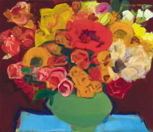 ① 이왈종, 제주생활의 중도, 장지에 채색, 52.2×44.3cm  ② 임직순, 정물, 캔버스에 유채, 45.1×52.5cm ③ 최쌍중, 맨드라미, 캔버스에 유채, 19×27.3cm  ④ 내고 박생광, 금붕어, 종이에 먹, 채색, 26.2×64.2cm
[사진제공=헤럴드아트데이]
