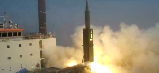 In this file photo provided by the Ministry of Defense on June 23, 2017, Hyunmoo-2, a new homegrown ballistic missile with a range of 800 kilometers, is test-fired from a mobile launch pad at a test site of the Agency for Defense Development in Anheung, 200 kilometers southwest of Seoul, the same day with President Moon Jae-in on hand. (Yonhap)