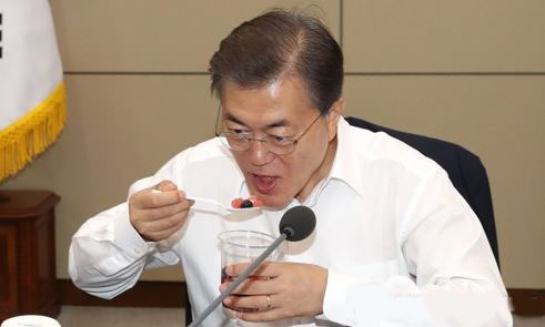President Moon Jae-in tastes fruits from flood-hit areas while meeting with his senior secretaries at Cheong Wa Dae in Seoul on July 27, 2017. (Yonhap)