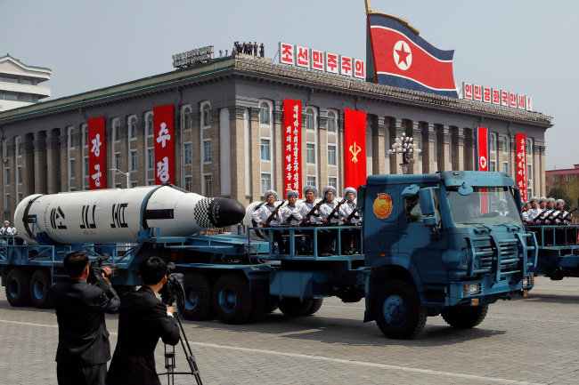 A North Korean navy truck carries the 'Pukkuksong' submarine-launched ballistic missile (SLBM) during a military parade marking the 105th birth anniversary of country's founding father, Kim Il Sung in Pyongyang, April 15.Yonhap