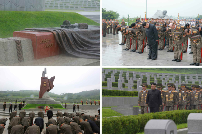 A combination of photos carried by North Korea's main newspaper Rodong Sinmun on July 28, 2017, shows North Korean leader Kim Jong-un visiting the Fatherland Liberation War Martyrs Cemetery a day earlier to mark the 64th anniversary of the signing of the Armistice Agreement that ended the 1950-53 Korean War. (For Use Only in the Republic of Korea. No Redistribution) (Yonhap)