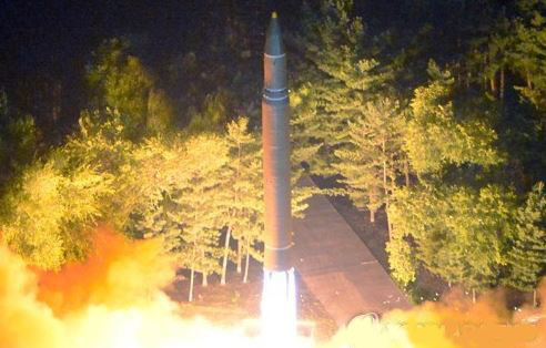 This photo, released by North Korea's official Korean Central News Agency on July 29, 2017, shows an intercontinental ballistic missile being launched on the night of July 28. (For Use Only in the Republic of Korea. No Redistribution) (Yonhap)