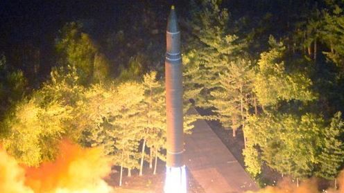 This photo unveiled by North Korea's state news agency on July 29, 2017, shows the country's test of another intercontinental ballistic missile a day earlier. (Yonhap)